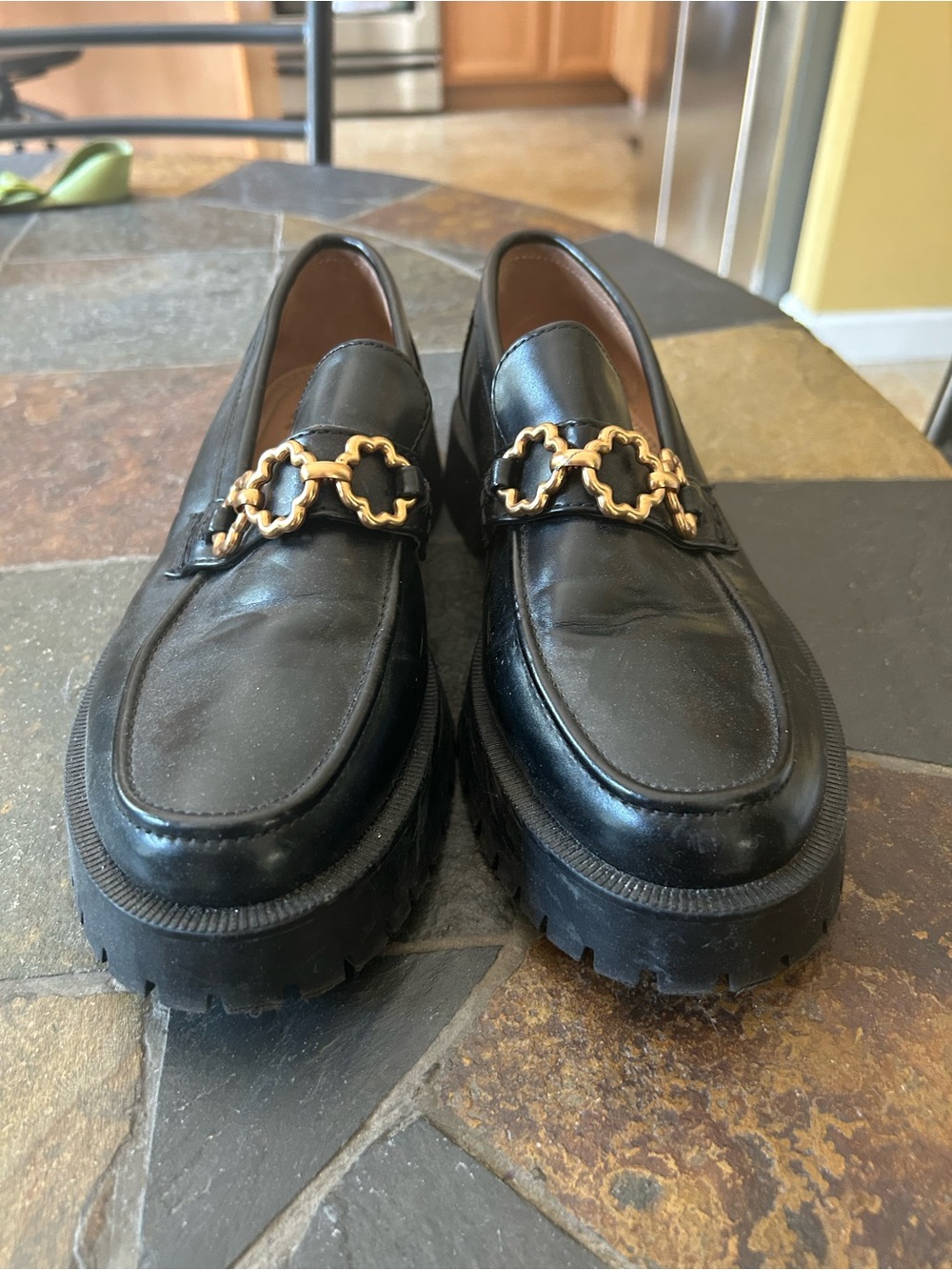 Sam & Libby Black Leather Loafers with Gold Chain Detail